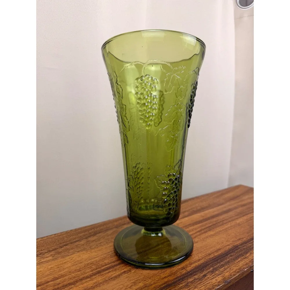 Vintage Avocado Green Indiana Glass Grape Harvest Footed Vase Mid Century 8.25in